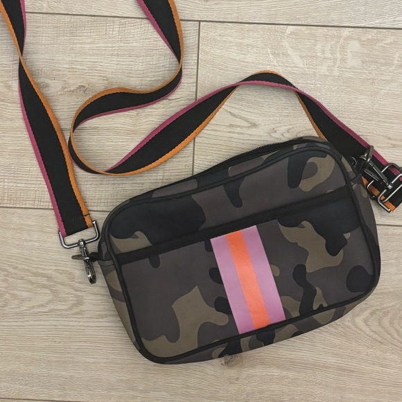 Camo Neoprene Crossbody Bag with Pink and Orange Strap - Picture 2 of 7